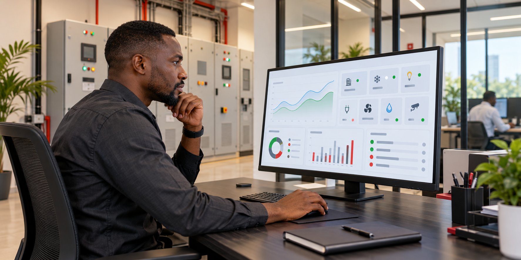 Illustrative engineer reviewing energy and connected-system dashboards at a facilities workstation
